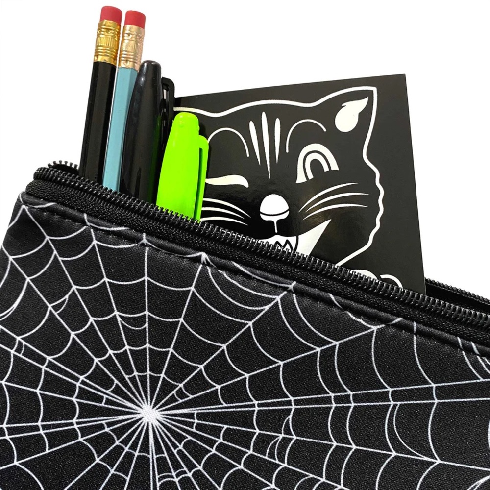 NEW COBWEB SPIDER WEB ZIP NEOPRENE POUCH makeup case pencils goth wallet